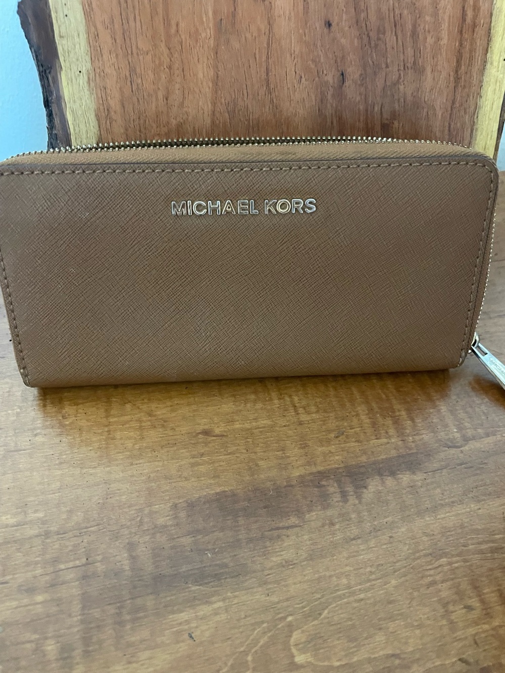 Michael Kors Brown Saffiano Zip Wallet with Gold Logo